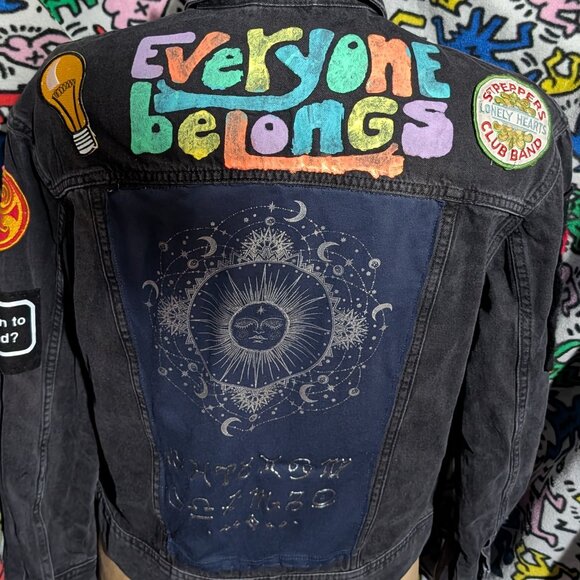 H&M Black Denim Highly Customized Jacket "WOW" Size XS - Picture 2 of 15